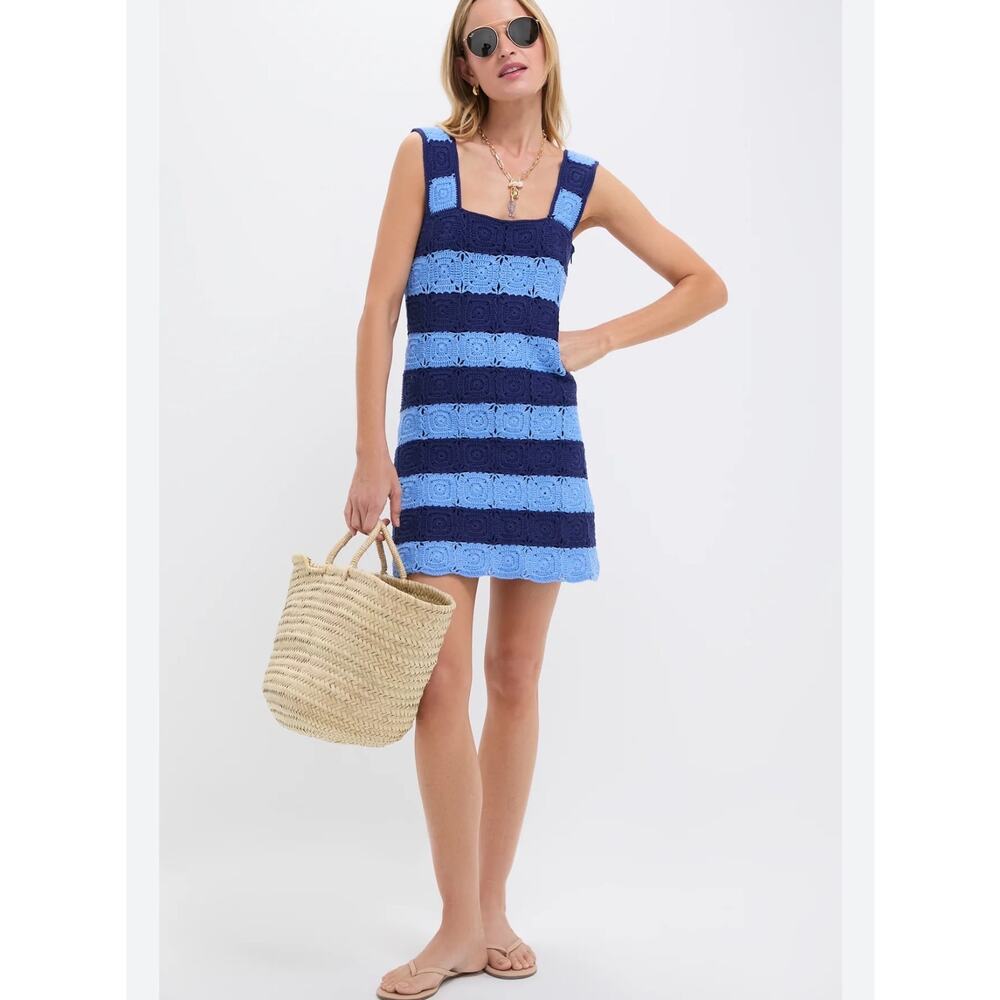 NEW Hyacinth House Cornflower Blue & Navy Crochet Cooper Mini Dress size XXS